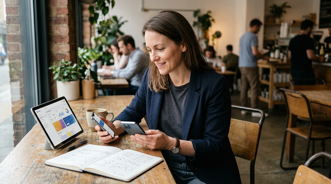 Business professional using a smartphone and tablet at a café, with a notebook of product sketches and analytics displayed on the tablet.