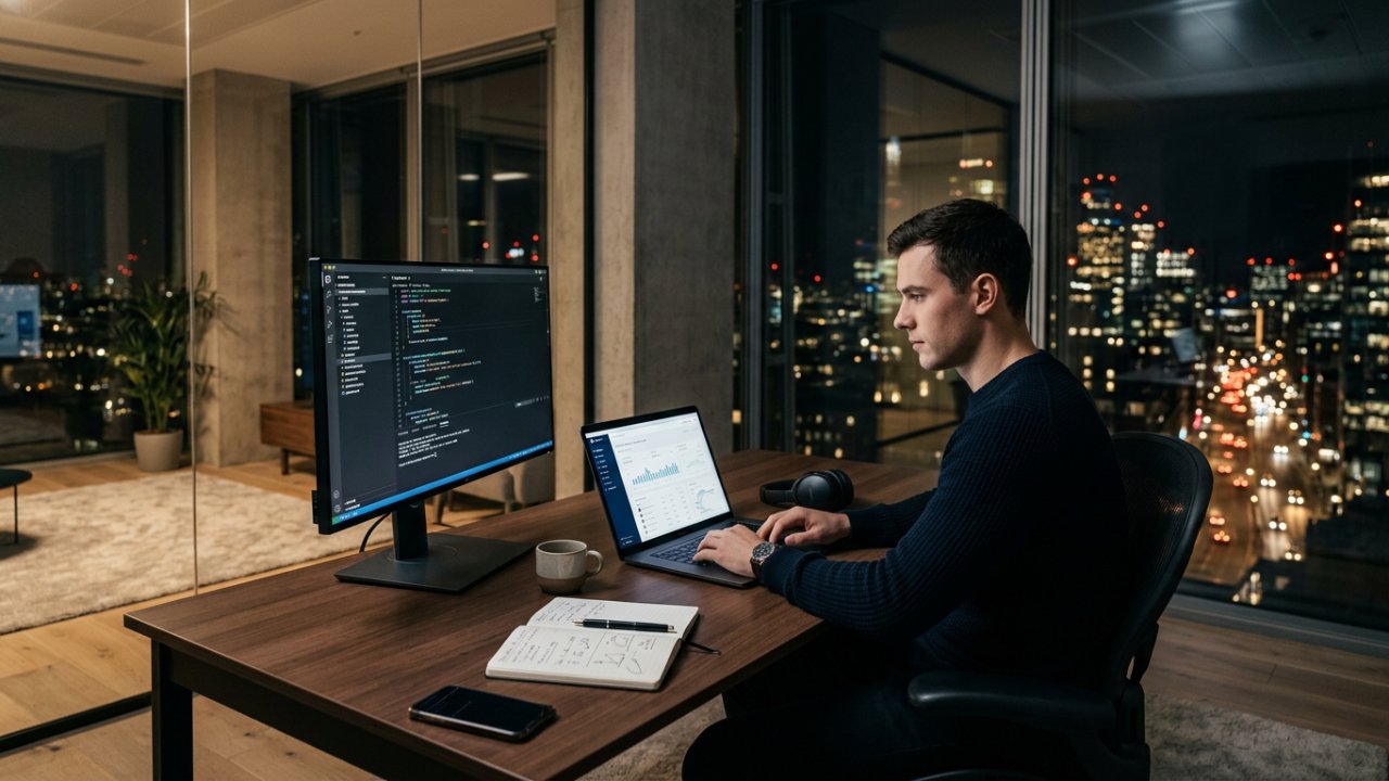 Software developer working at a dual-monitor workstation with a SaaS dashboard and code editor displayed on the screens.