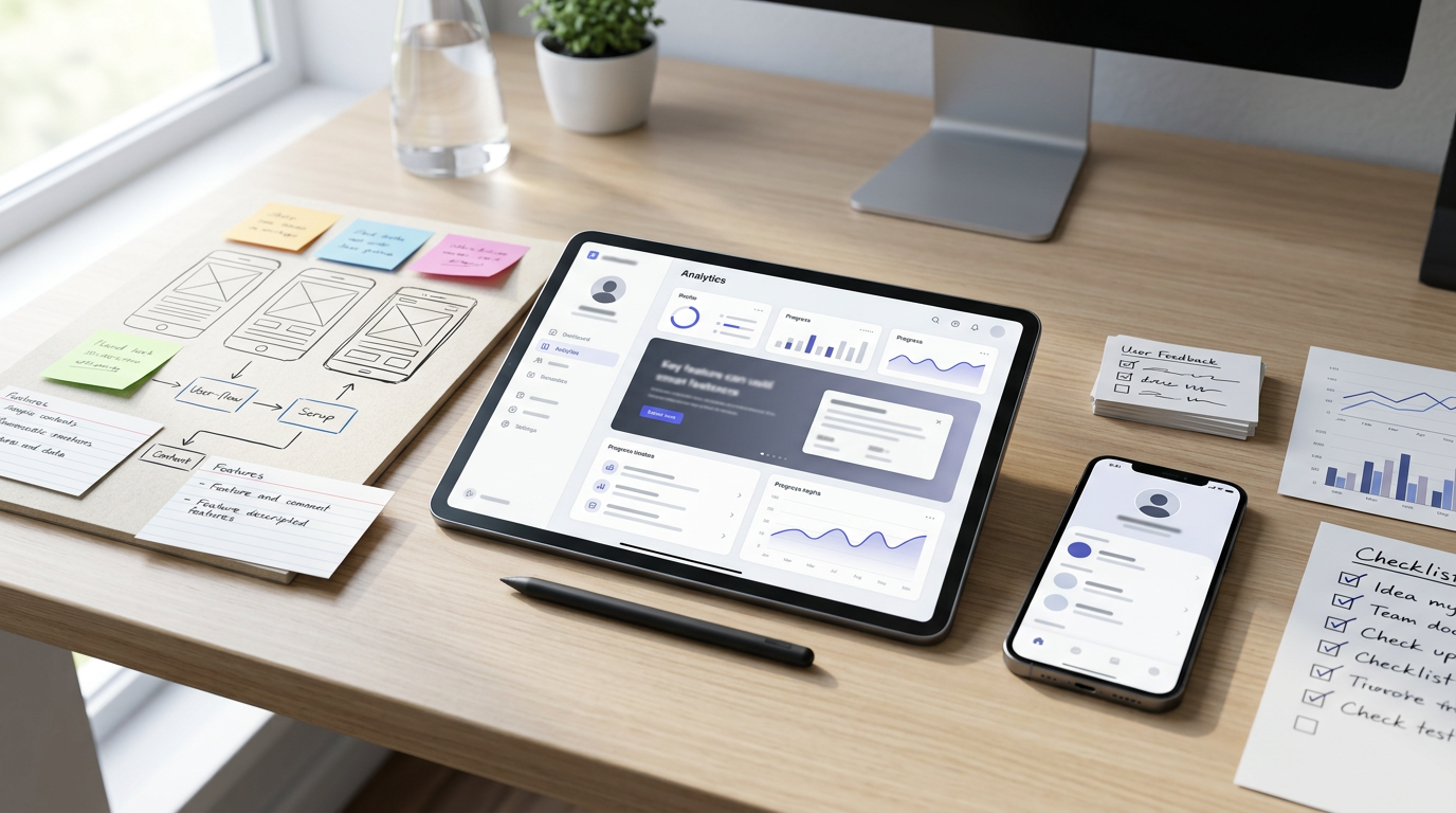 SaaS product development workspace with a tablet displaying analytics, a smartphone showing a mobile app interface, product wireframes, user feedback notes, and a launch checklist on a desk.