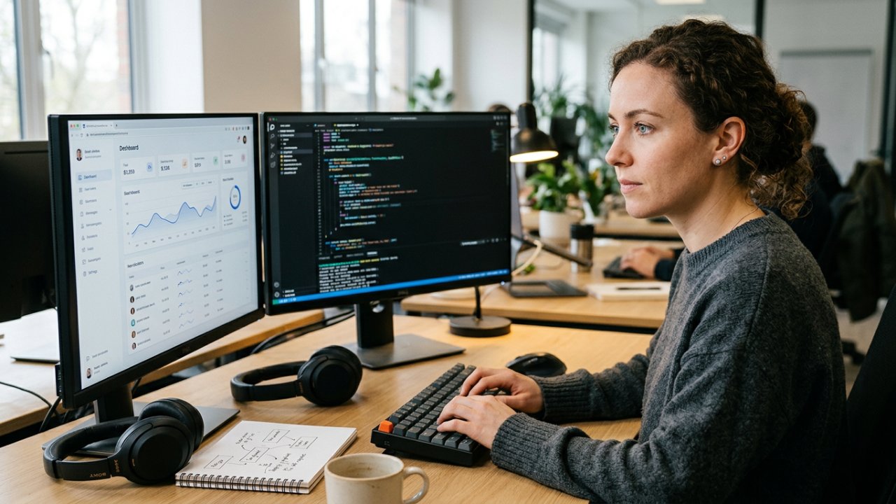 Software developer building a SaaS application with a dashboard and code editor displayed across dual monitors in a modern office