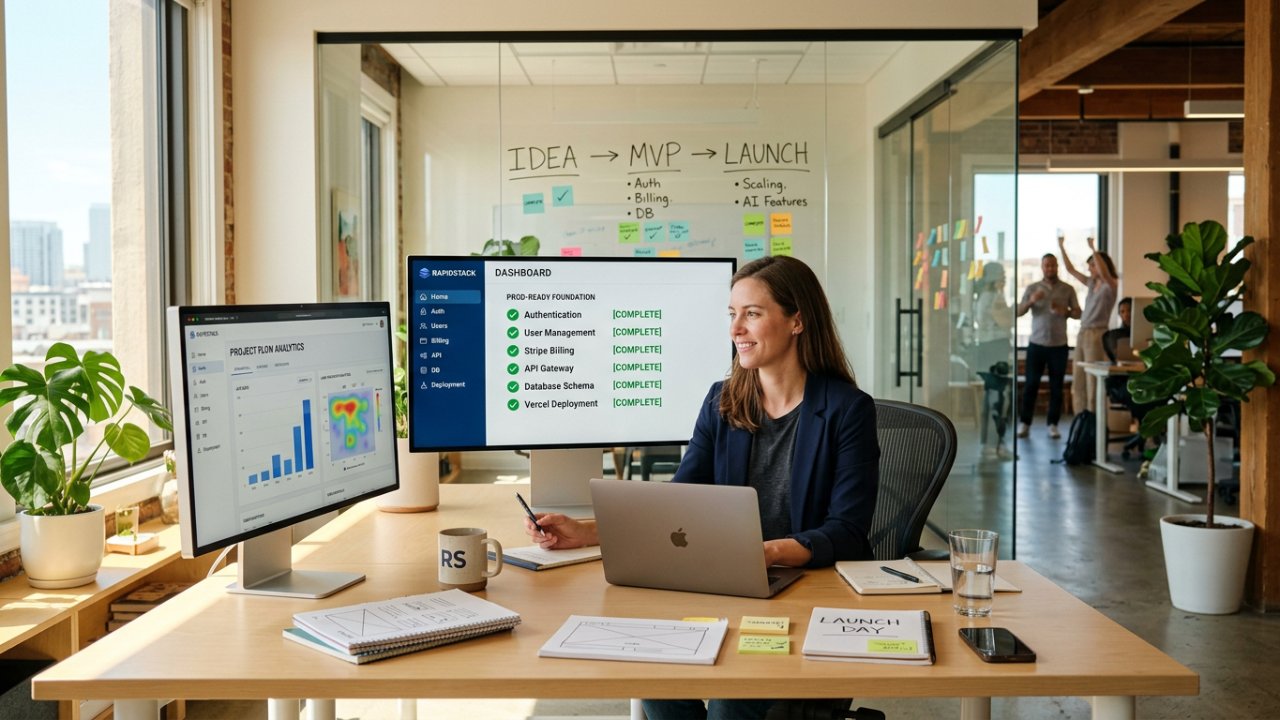 Entrepreneur using RapidStack to build a SaaS product, with authentication, user management, billing, API, database, and deployment features shown on screen.