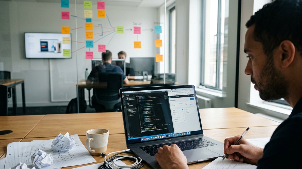 SaaS developer working on a web application while reviewing development plans, code, and product strategy in a modern startup office.