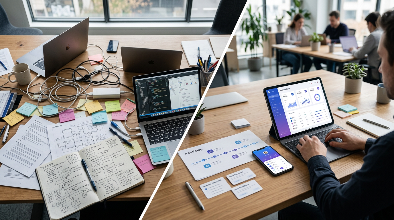 Split-screen SaaS development workspace showing a cluttered, complicated setup with code and tangled cables on the left and a clean, focused MVP workspace with a SaaS dashboard, roadmap, and user feedback on the right